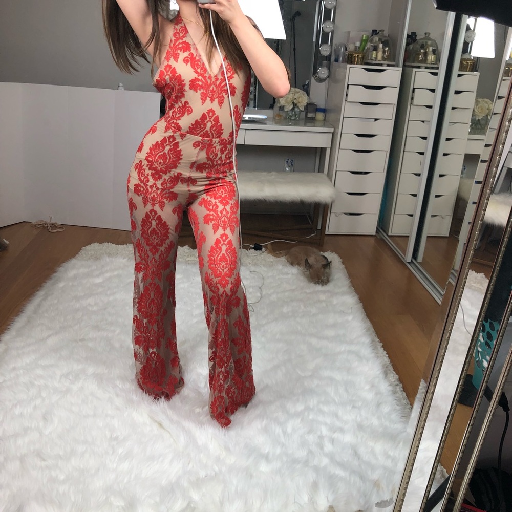 Super Sexy Red and Nude Lace Halter Romper